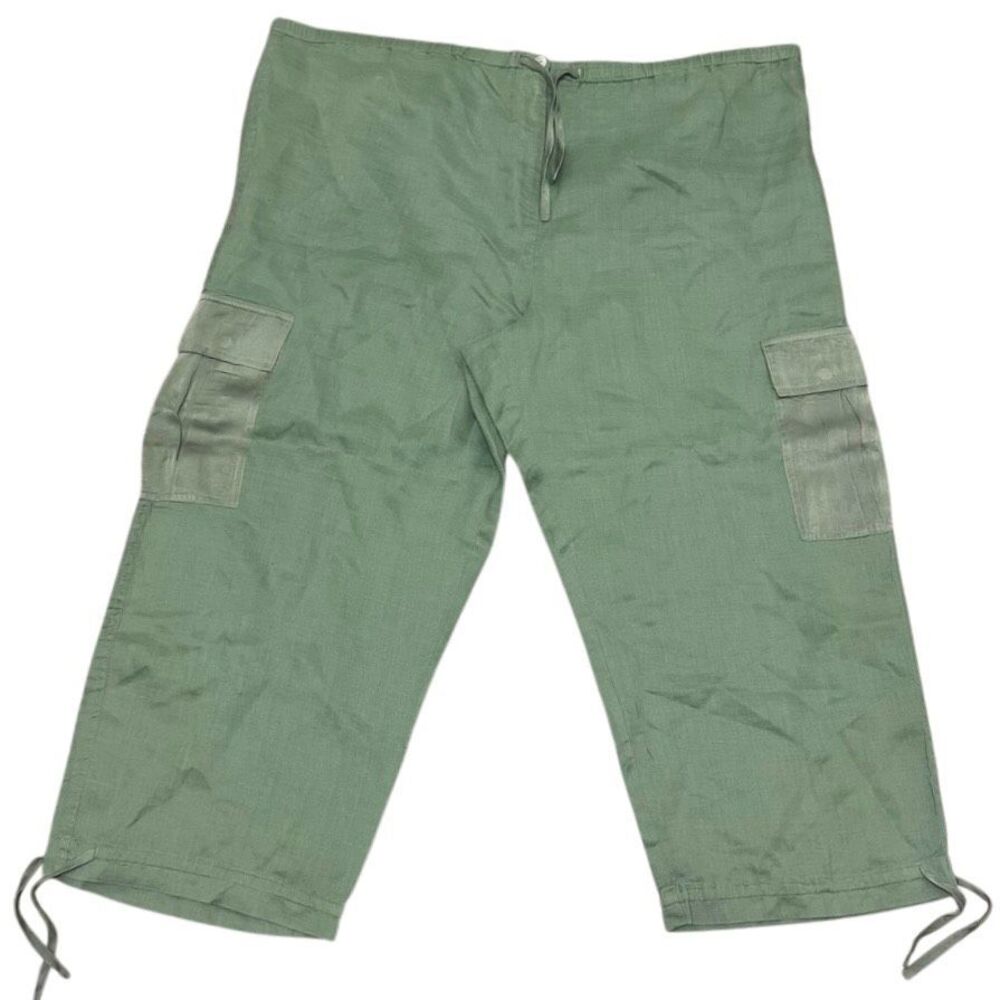 Y2K Metrostyle Sage Green Linen Cargo Capri Pants Silk Trim XXL